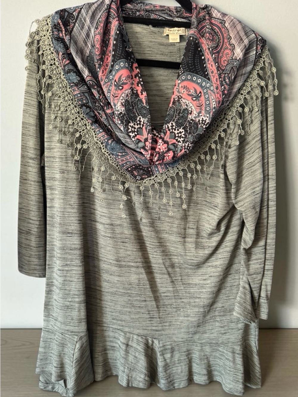 Womens Green Top with  Paisley Scarf attached - Lightweight Layered Look